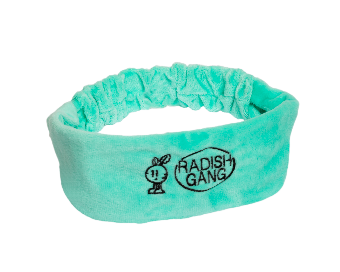 bandeau pour visage vert avec inscription radish Gang et illustration d'un radis