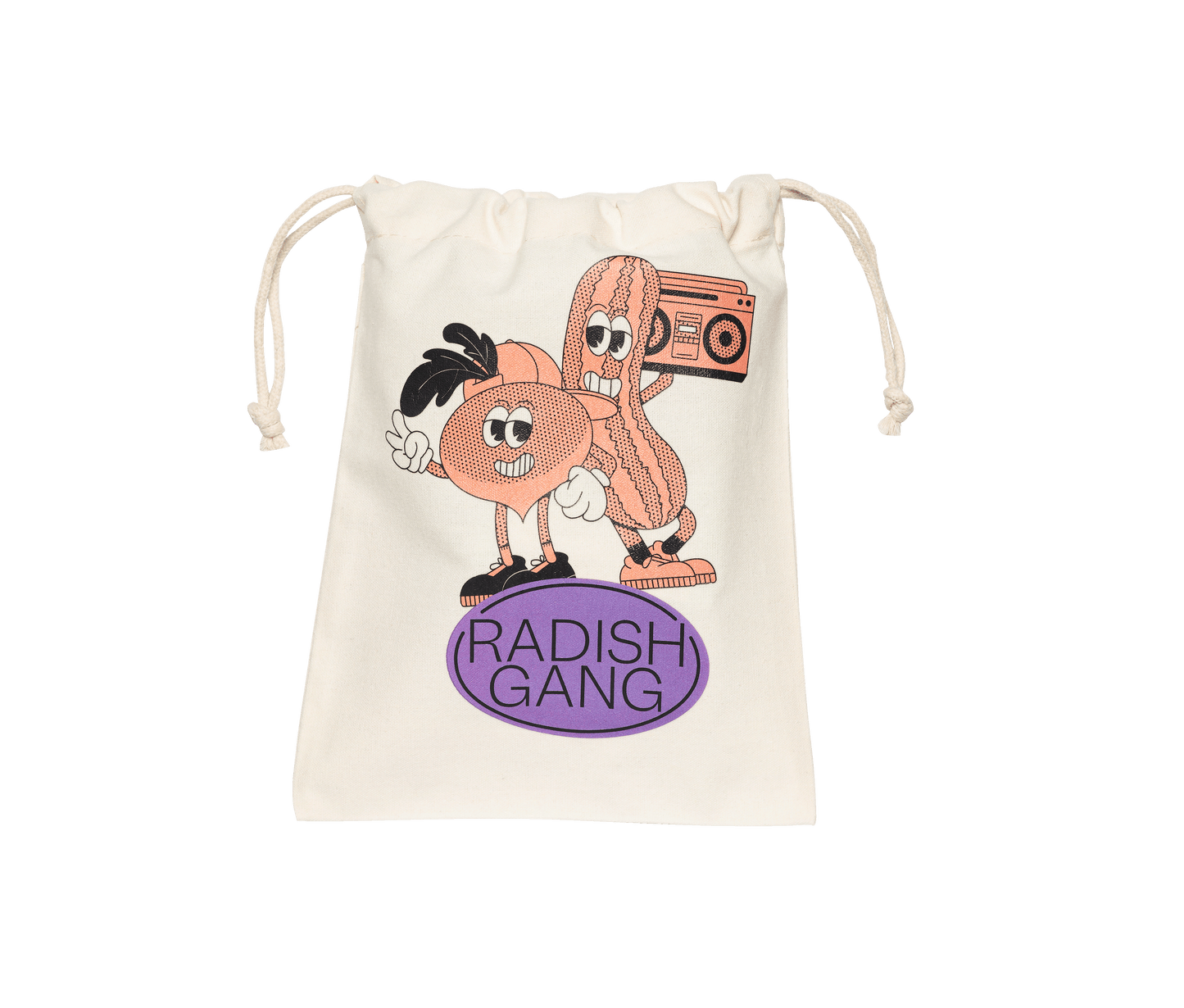Recto du pochon avec le logo Radisg gang et illustrant deux copains : un radis stylé portant une casquette et son copain le concombre portant un post radio sur son épaule