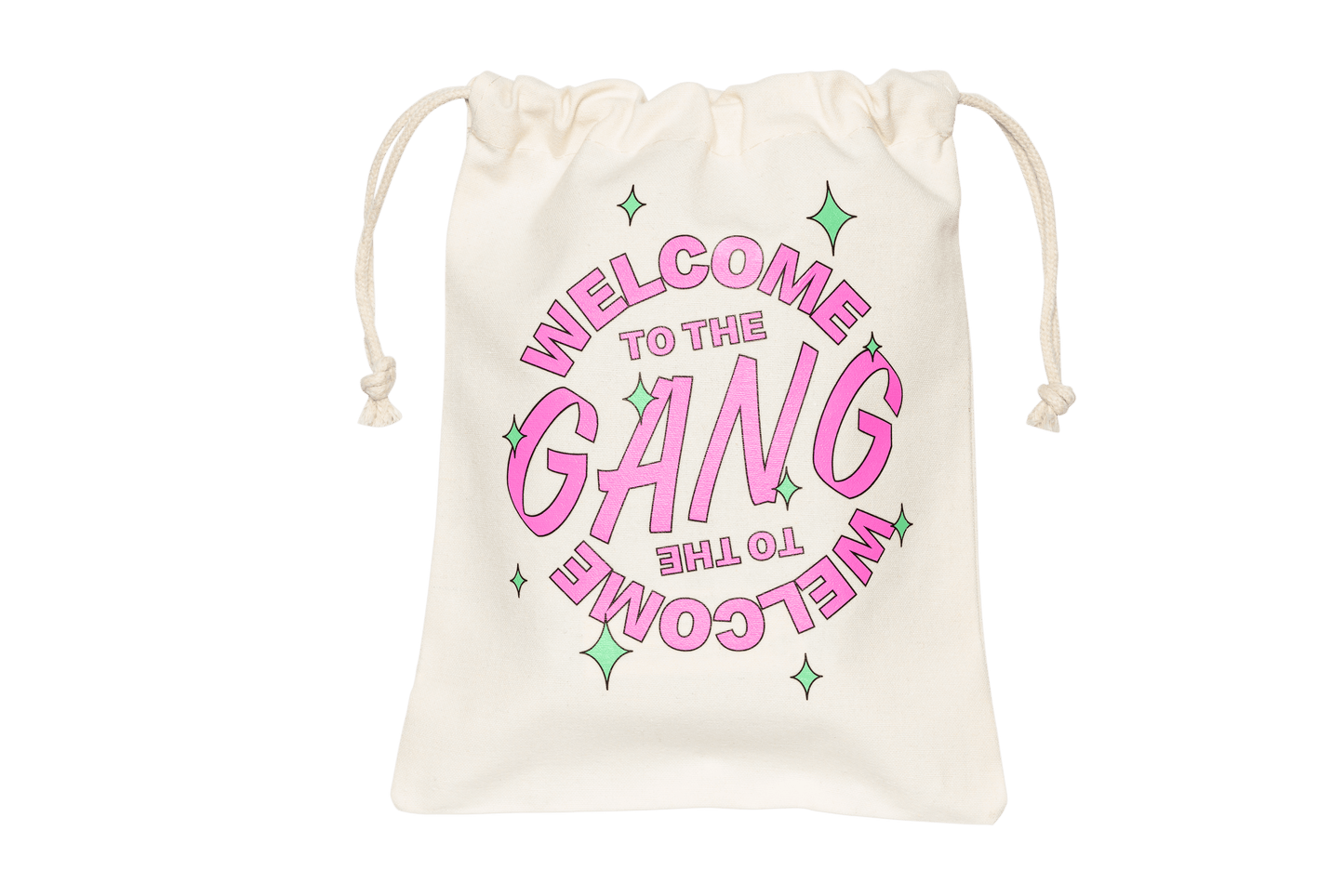 Verso du pochon portant l’inscription « Welcome to the GANG » avec des petits motifs colorés