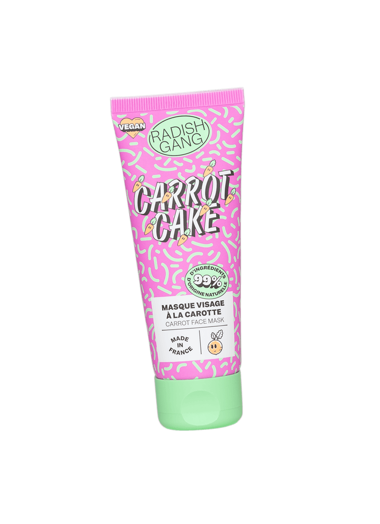 Packaging coloré du masque en tube carrot cake avec des motifs et des petites carottes