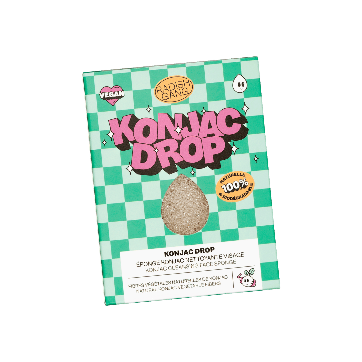 Packaging de l’éponge nettoyante konjac drop avec des motifs à carreaux colorés