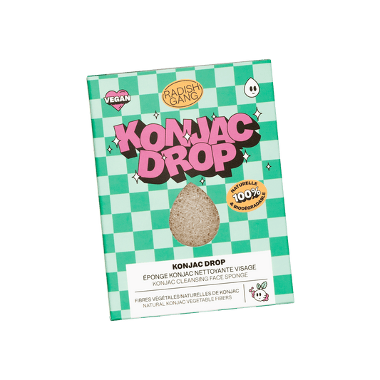 Packaging de l’éponge nettoyante konjac drop avec des motifs à carreaux colorés