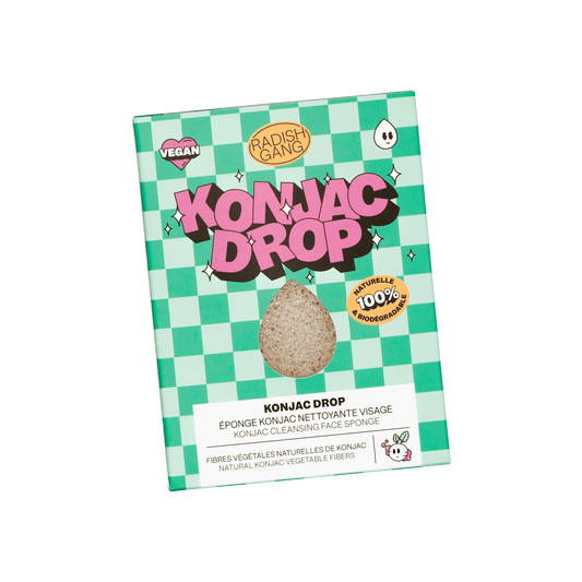 Packaging de l’éponge nettoyante konjac drop avec des motifs à carreaux colorés 