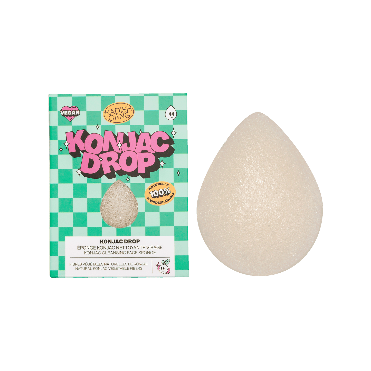 Présentation de l’éponge nettoyante konjac drop en forme de goutte avec son packaging vintage