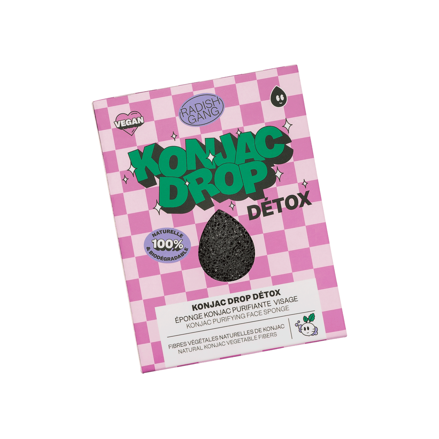 Packaging de l’éponge nettoyante konjac drop detox avec des motifs à carreaux colorés