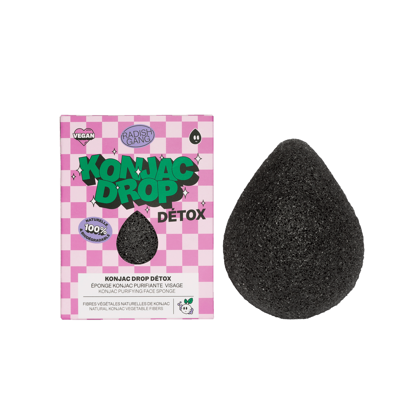 éponge nettoyante konjac drop detox en forme de goutte d'eau avec son packaging aux motifs vintage