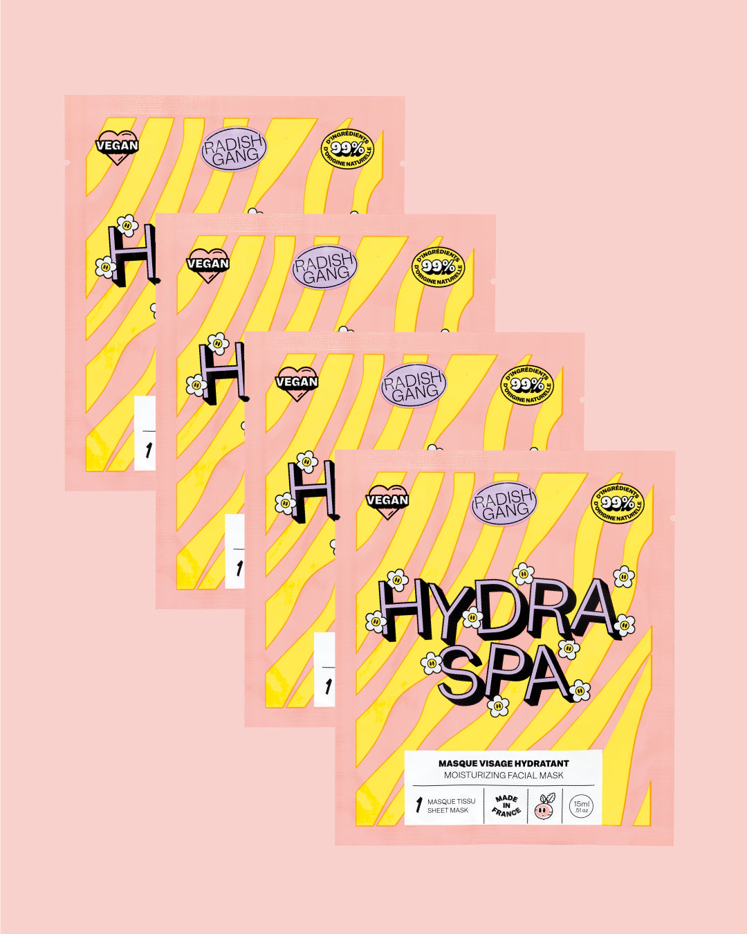 4 masques hydra spa présenté sur un fond un dégradé coloré