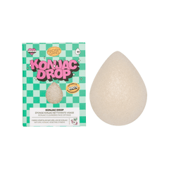 Présentation de l’éponge nettoyante konjac drop en forme de goutte avec son packaging vintage
