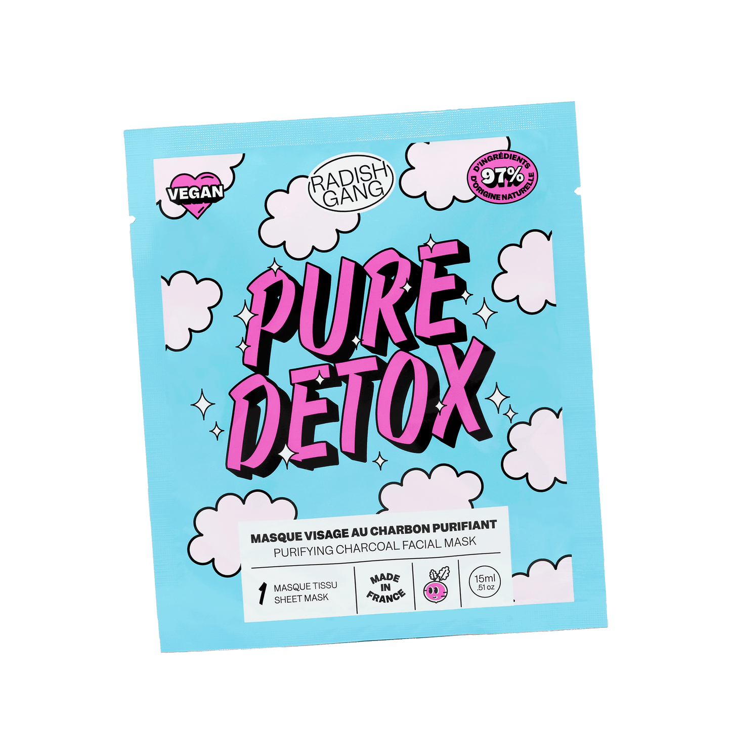 packaging du masque Pure Detox coloré avec des motifs nuages